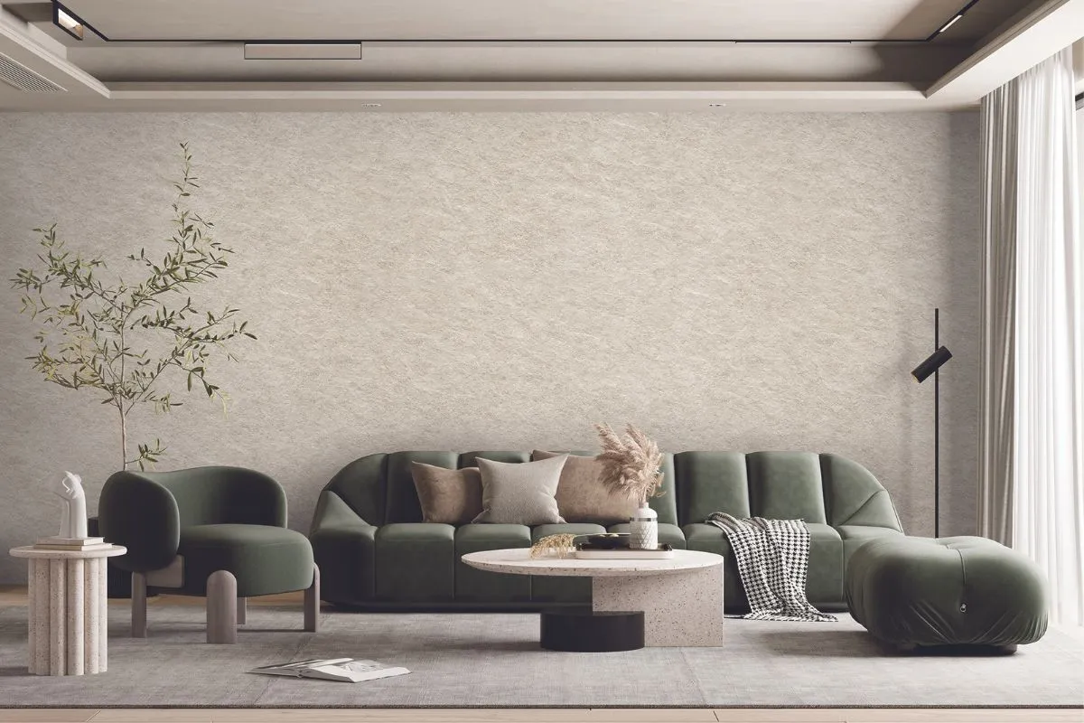Soft neutral wallcovering in a finished living room