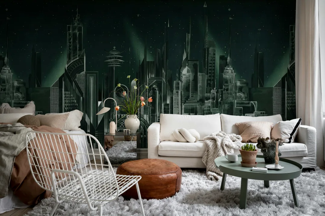 Bedroom with botanical wallpaper installation